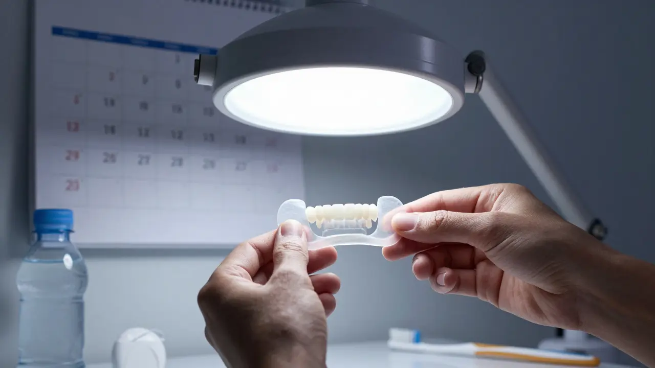 Ruka vkládá tenkou bělící náplň na bílé zuby, na pozadí kalendář s pravidelnými kontrolami.