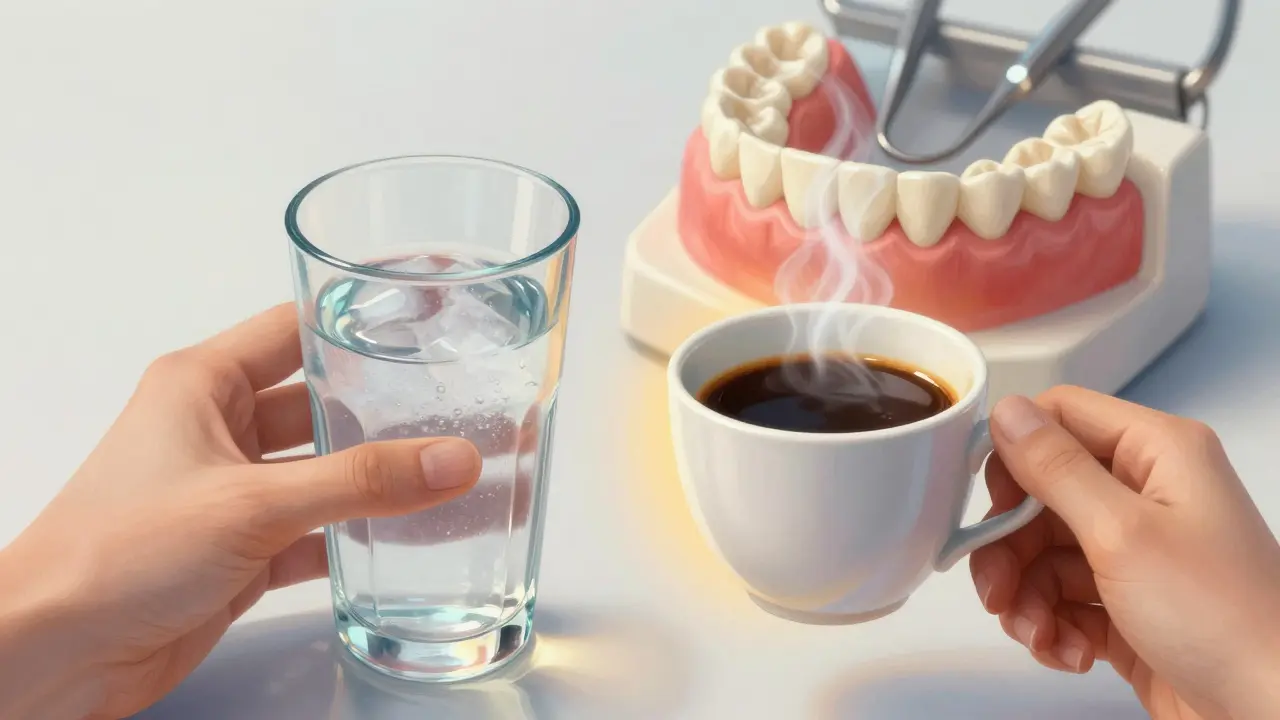 Různé teploty nápojů vedle keramických fazet, symbolizující riziko teplotních šoků.