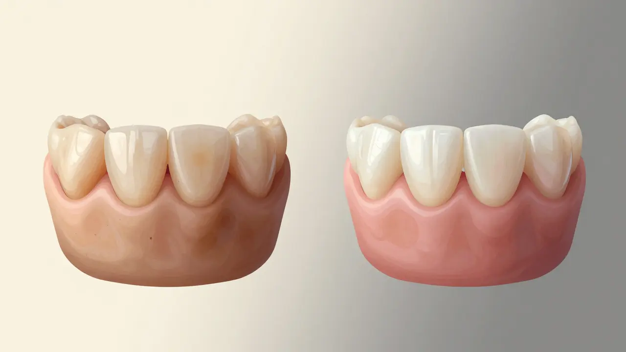 Side-by-side comparison of a stained natural tooth and a restored tooth with natural-looking composite veneer.
