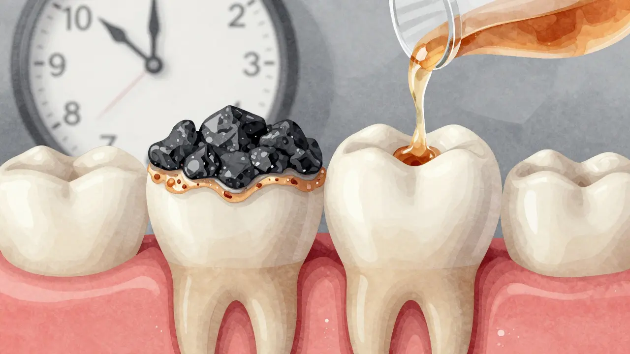 Skrytý kaz mezi zuby s hromaděním zbytků jídla a tvrdnutím zubního kamene, symbolizující neviditelný vývoj kazu.