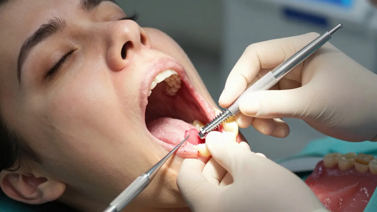 Surgeon placing a dental implant into jawbone during surgical procedure.