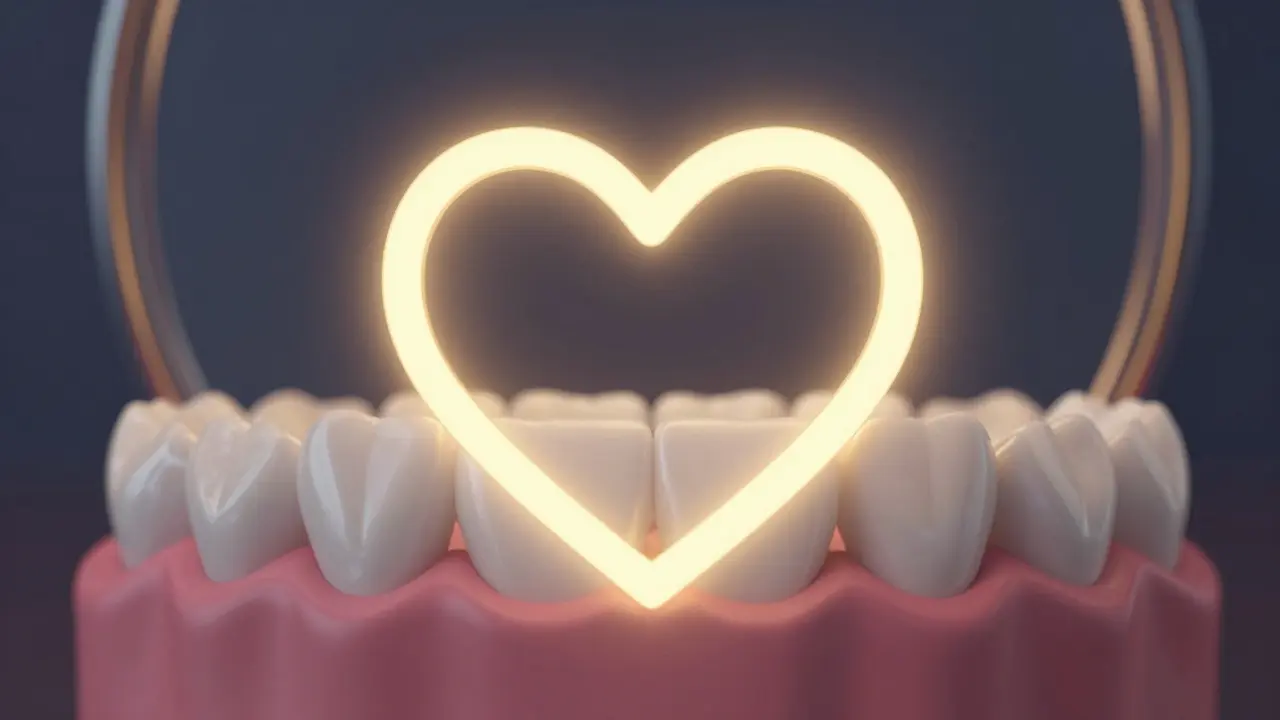 Symbolické spojení mezi zdravými zuby a celkovým zdravím srdce.