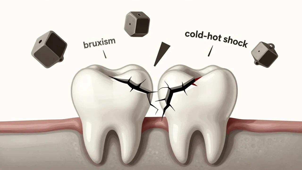 Symbolický obrázek zubu rozděleného silami brnění a teplotních šoků