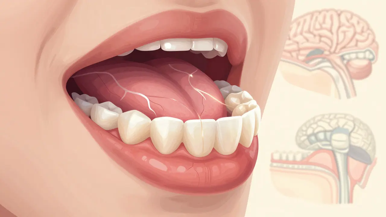 Umělecké znázornění jazyka a zubních fazet s podsvícenými nervovými cestami během přizpůsobovacího období.