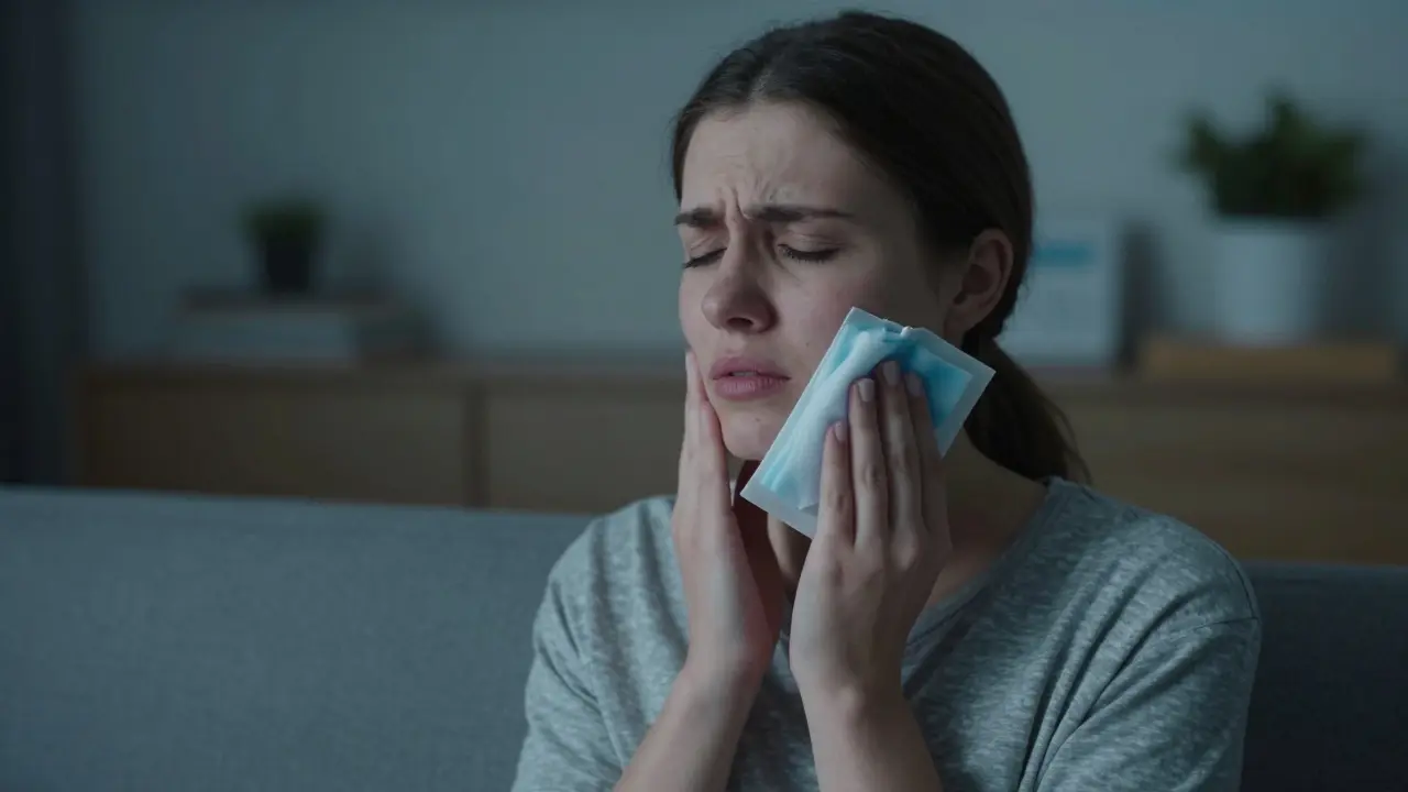 Žena drží ledový obklad na tváři pro zmírnění bolesti předních zubů.