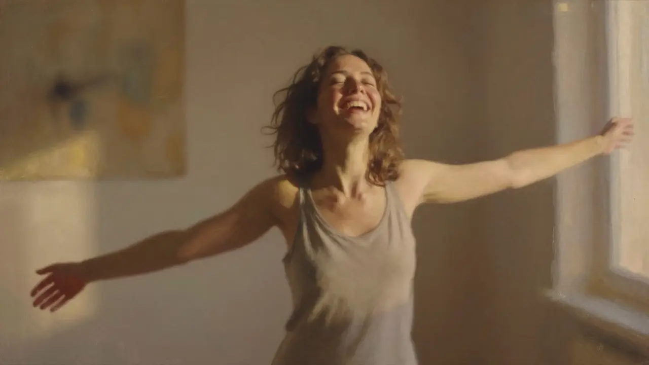 Žena směje se volně a přirozeně v slunečním světle, mezera mezi zuby je viditelná, ale neovlivňuje její sebevědomí.