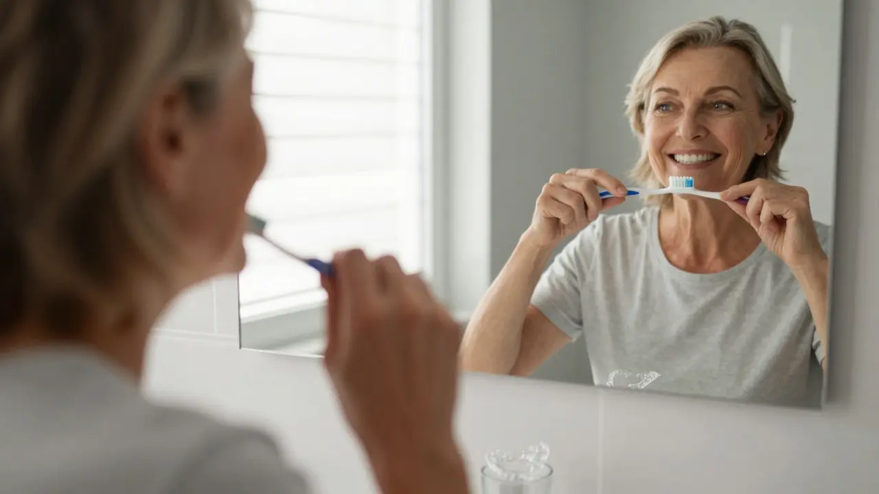 Žena ve věku 60 let s neviditelnými rovnátky, která si čistí zuby, rovnátka jsou na stole.