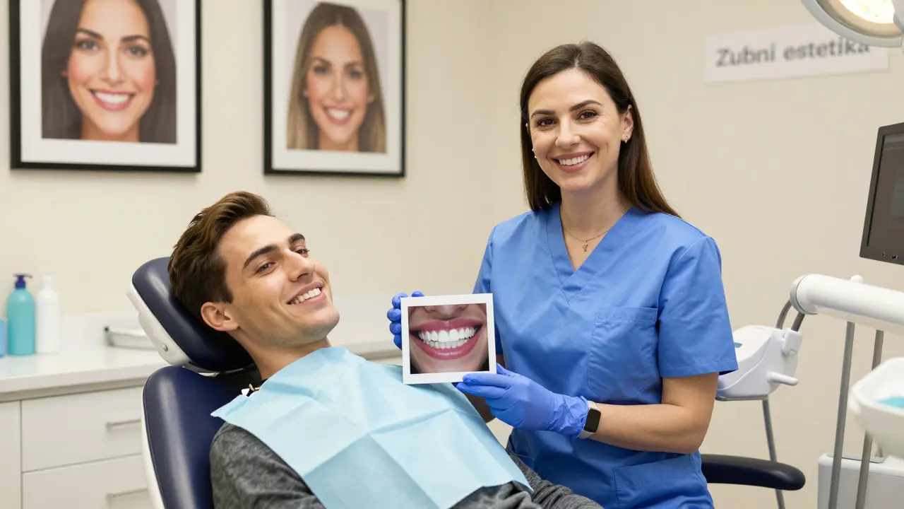 Zubní hygienik ukazuje pacientovi digitální simulaci úsměvu v luxusní ordinaci.