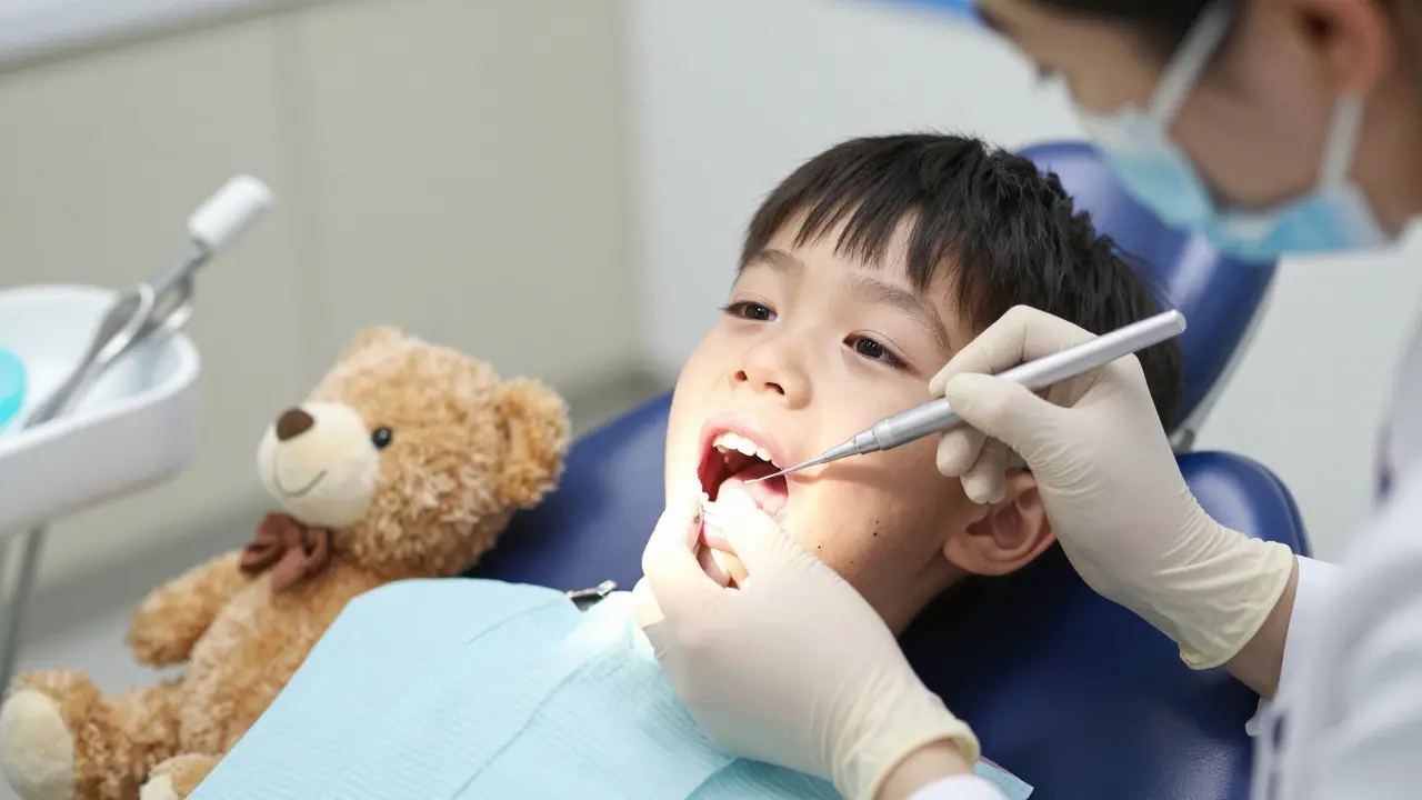 Zubní lékař aplikuje SDF na zub dítěte, které je klidné a bez strachu.