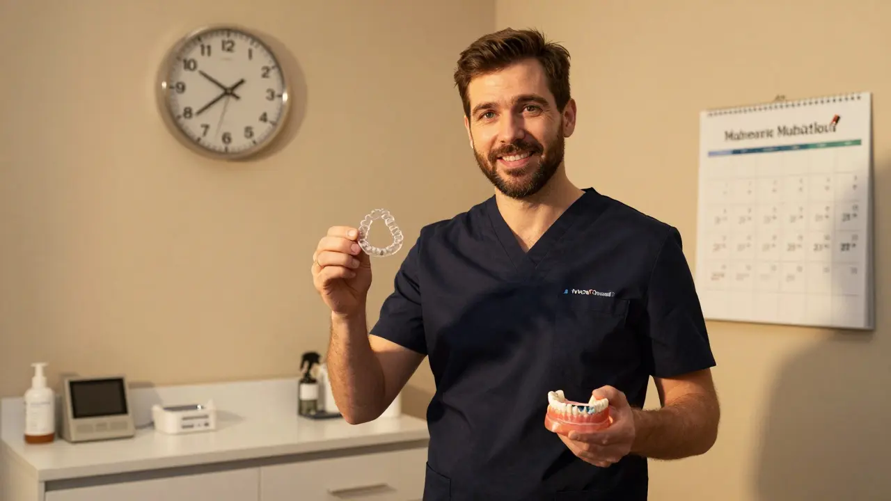 Zubní ortoped drží clear aligner vedle 3D skenu čelisti v soukromé klinice.