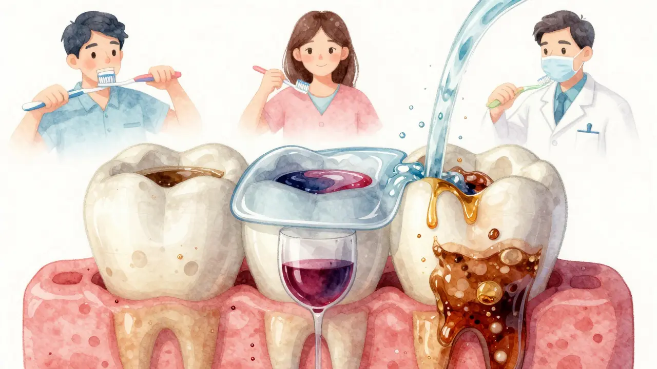 Zuby jako pěnová guma s barvivy, které odstraňuje voda, symbolizující ochranu před tmavením.