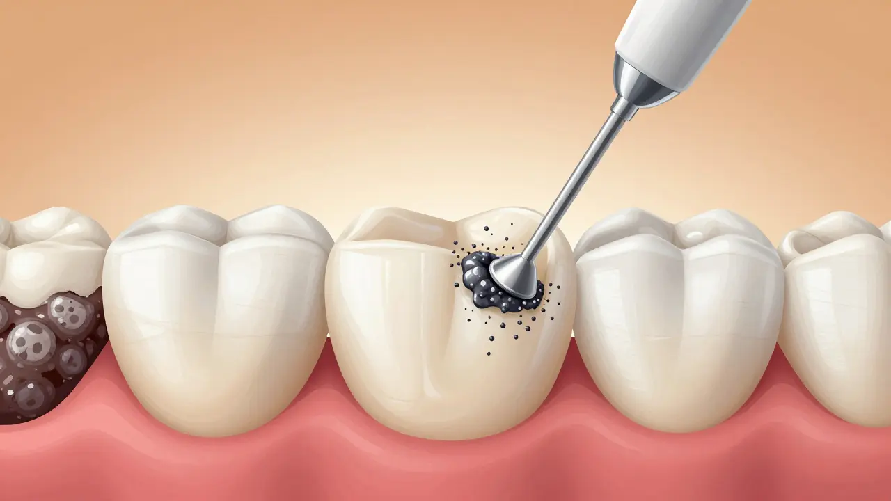 Zvětšený pohled na zubní sklovinku s odstraňovaným kamenem a zdravou sklovinkou pod ním.