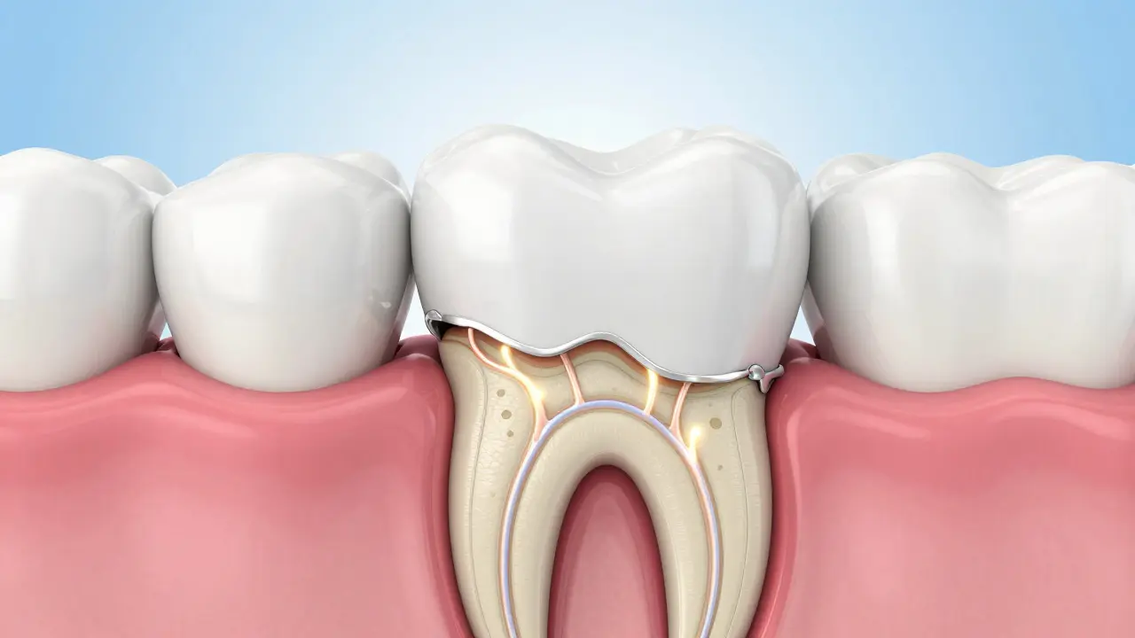 3D anatomický model zubu ukazující odhalený dentin a kanálky vedoucí k nervu.