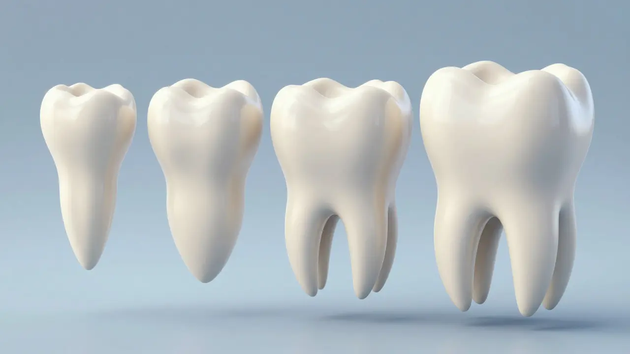 3D ilustrace čtyř typů zubů: řezák, špalek, stolička a kteník.