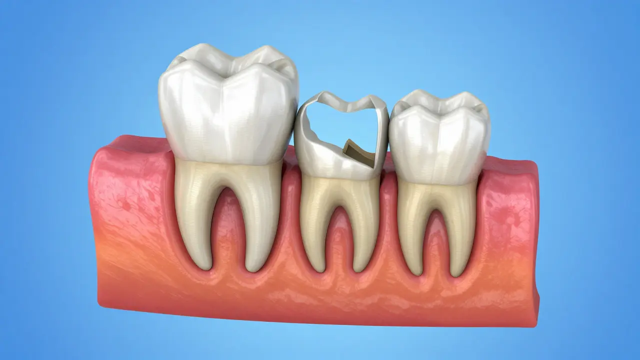 3D ilustrace šikmého růstu osmičky a zánětu dásně.