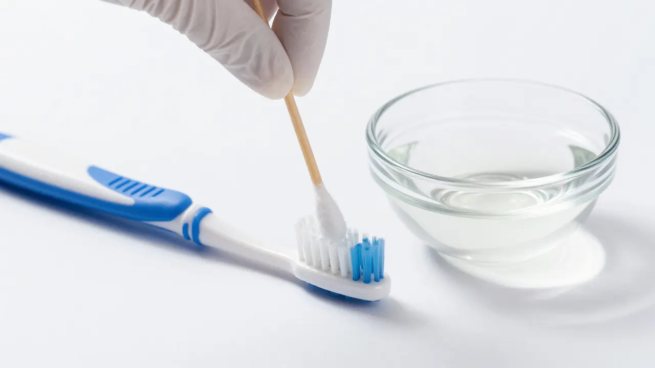 Čištění hřídelky elektrického kartáčku pomocí vatové tyčinky a roztoku.