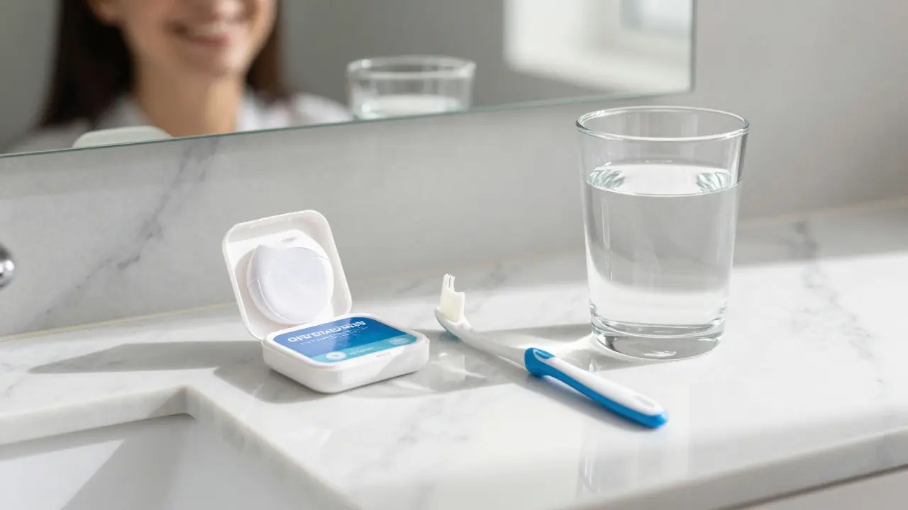 Čištění zubů nití pro dlouhou životnost keramiky.