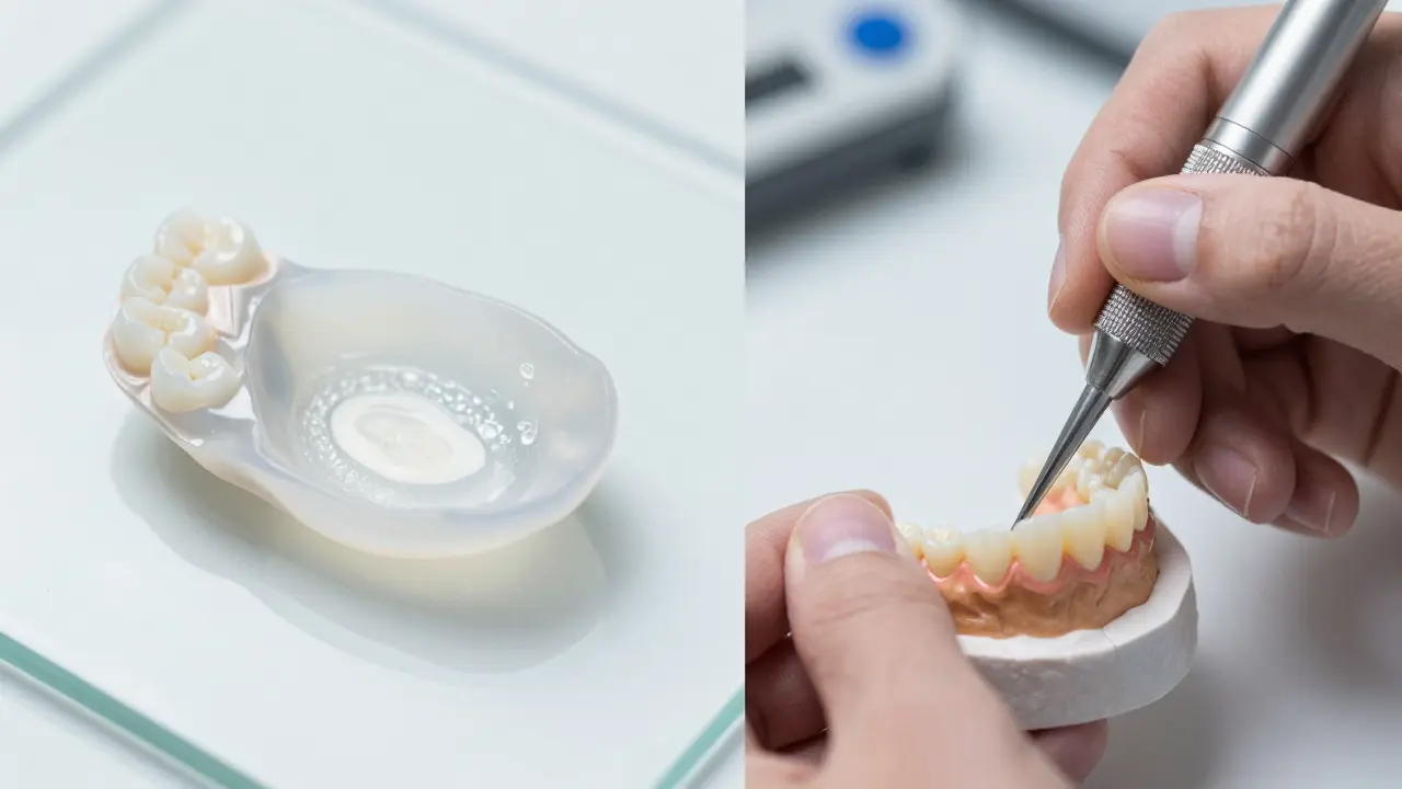 Detail keramického plátku a proces výroby modelu úsměvu v laboratoři.