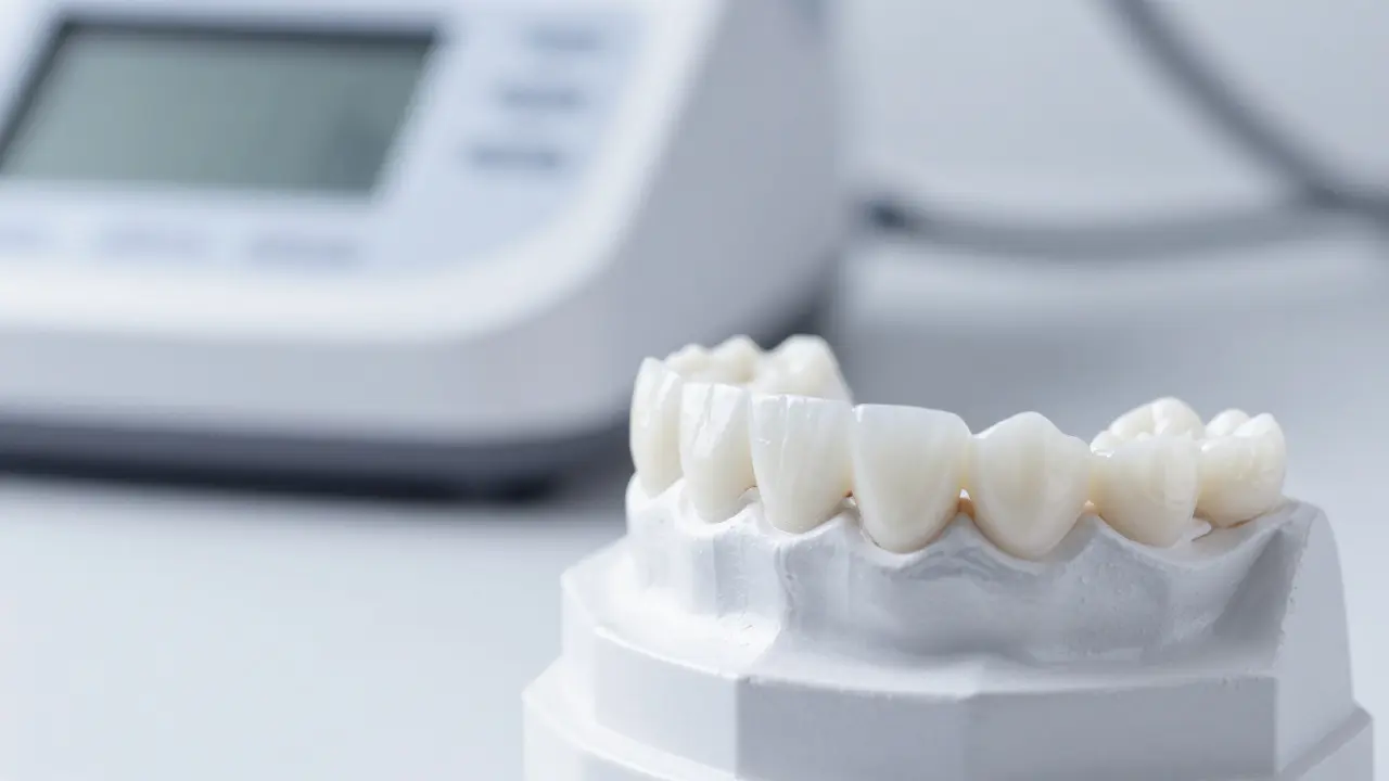 Detail tenkého porcelánového nádstavku pro přední zuby.