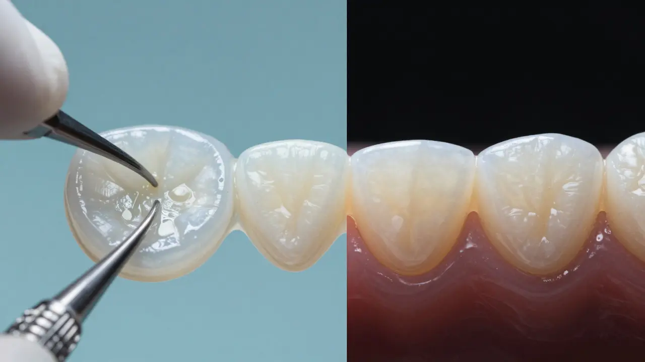 Detail tenkého porcelánového plátku pro zubní fazetu v profesionálním prostředí.