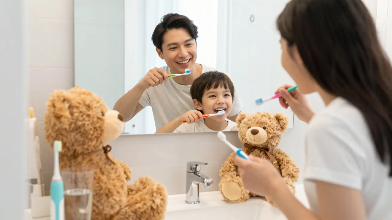 Dítě a rodič společně čistí zuby v koupelně, přičemž dítě žertovně čistí zuby plyšového medvídka.