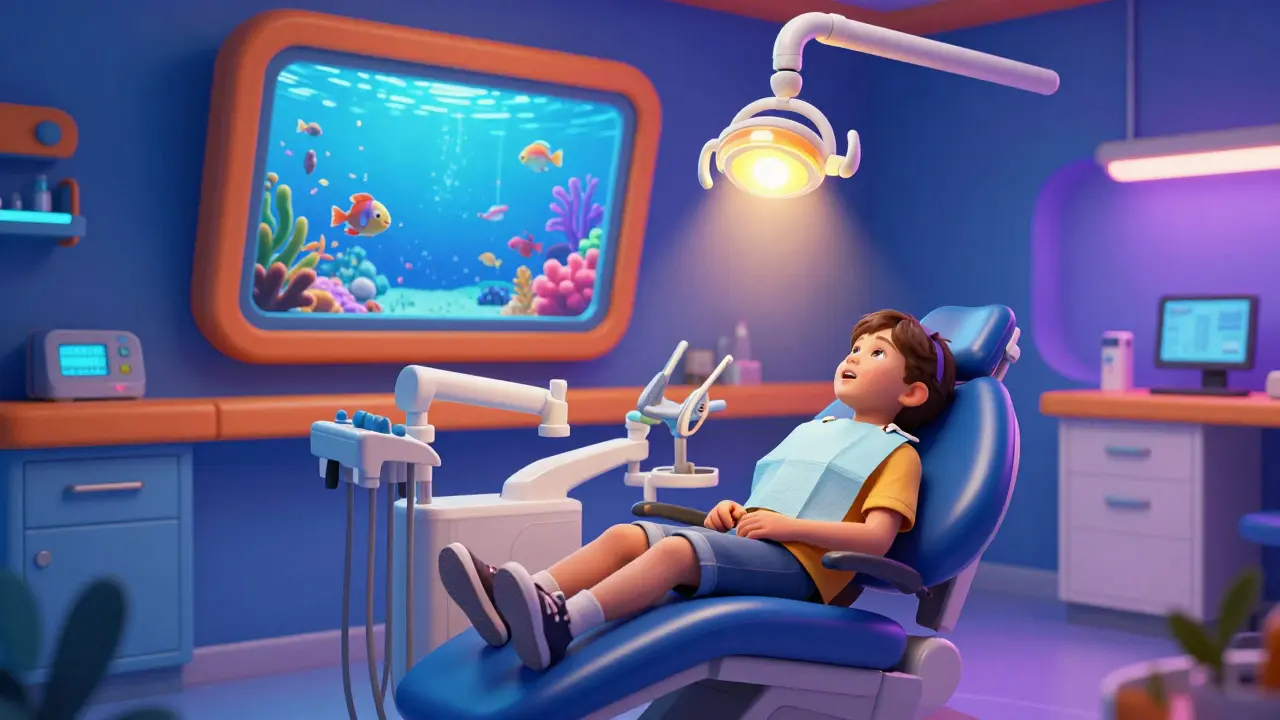 Dítě v zubařském křesle, které vypadá jako vesmírná lodeň s barevným animovaným filmem na obrazovce.
