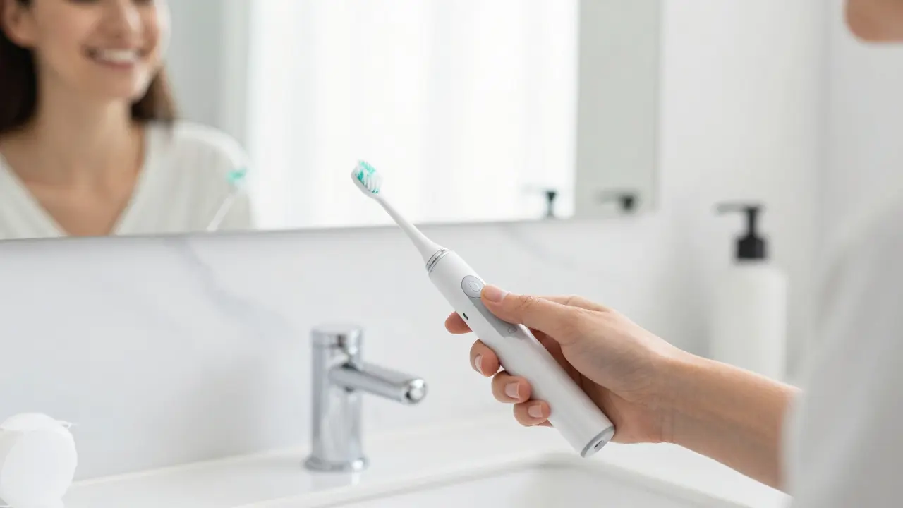 Elektrický kartáček a nit na mramorovém stole s odrazem zdravého úsměvu v zrcadle.