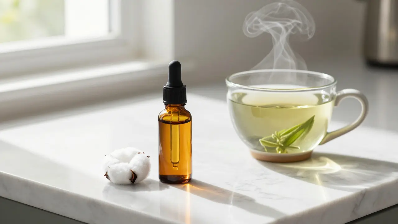 Hřebíčkový olej a šálek šalvějového čaje na mramorovém stole.