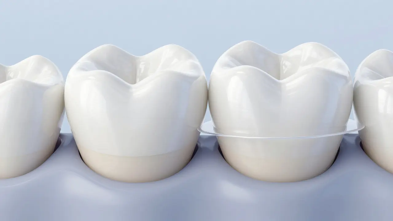 Ilustrace rozdílu mezi celoplošnou keramickou korunou a tenkou fazetou.