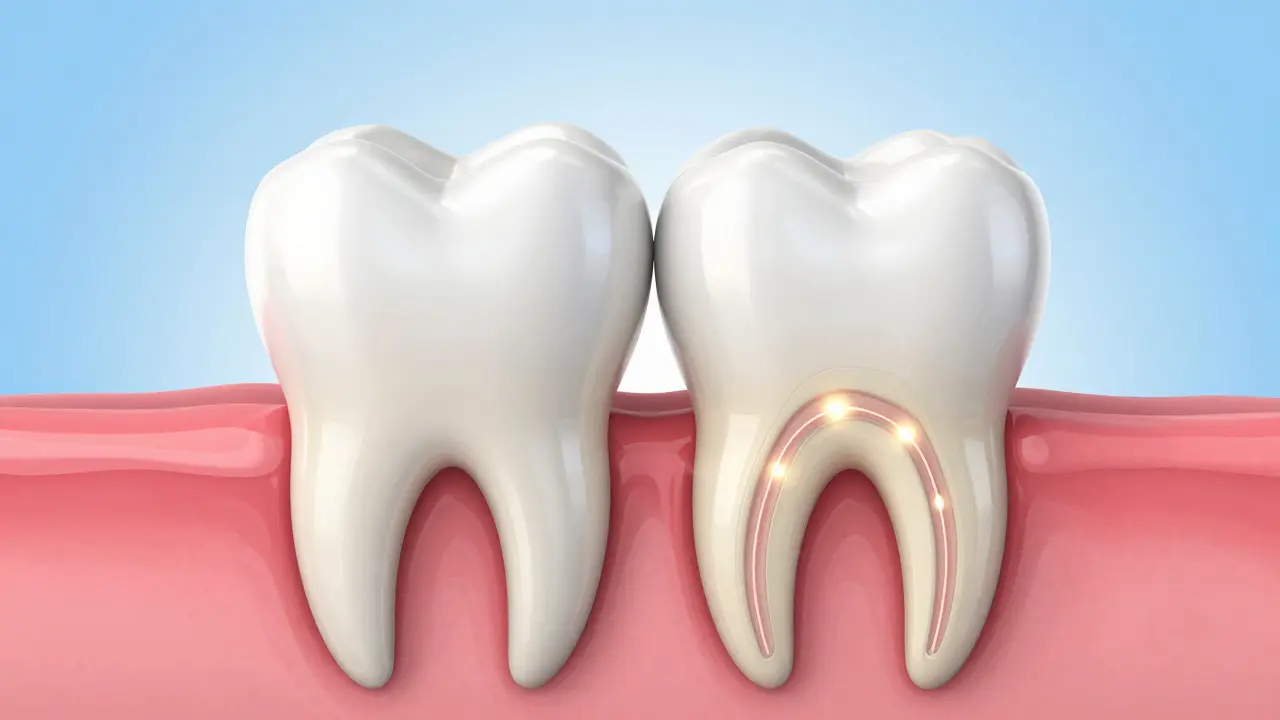 Konceptuální ilustrace citlivosti zubu a otevřených kanálků v dentinu.