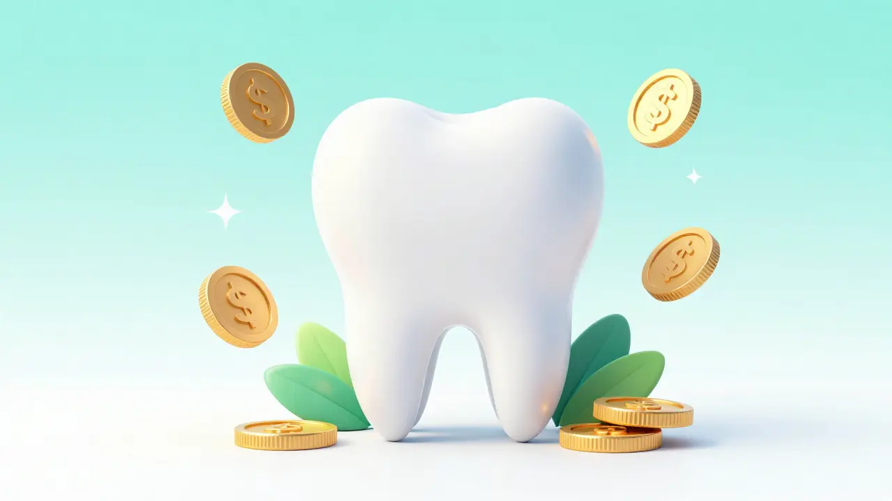Konceptuální obraz bílého zubu sstrojovými mincemi symbolizující finanční přínos prevence.