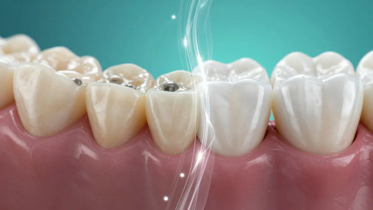 Konceptuální srovnání zubu před a po profesionální dentální hygieně.