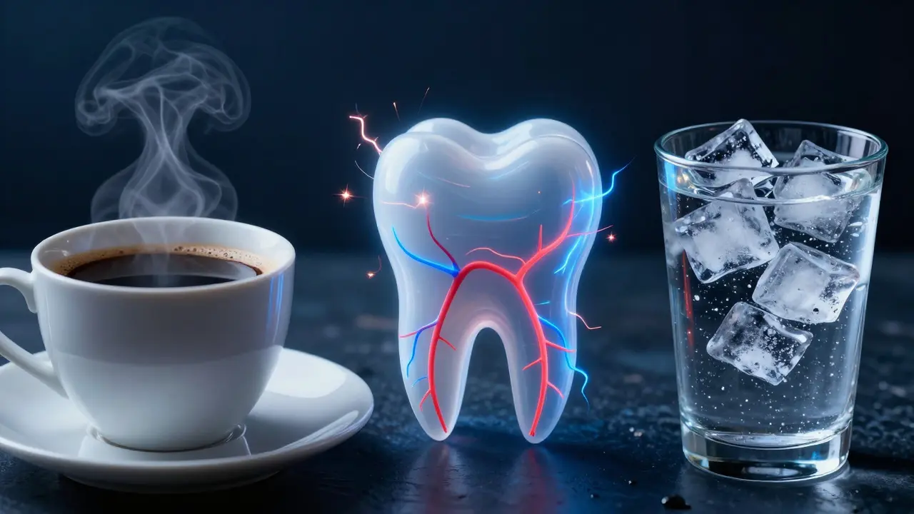 Konceptuální znázornění citlivosti zubů na horký a studený nápoj.
