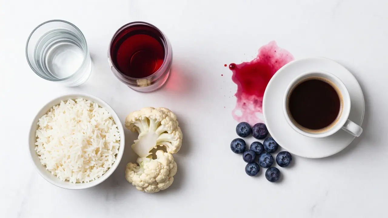 Kontrast mezi bílou dietou a potravinami, které barví zuby, jako je víno a káva.