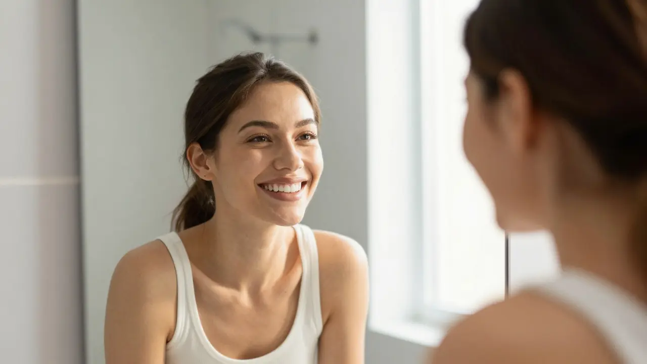 Krásně usměvavý člověk se dívající do zrcadla s přirozeně bílými zuby.