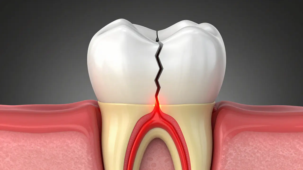 Kresba v řezu zubu znázornující prasklinu pronikající sklovinou až k nervu.
