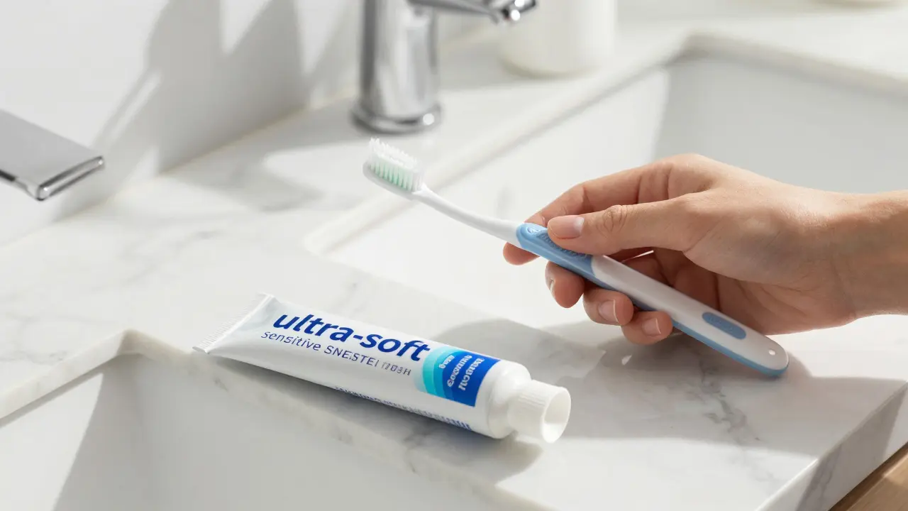 Měkký zubní kartáček a pasta pro citlivé zuby na mramorovém koupelnovém stole.
