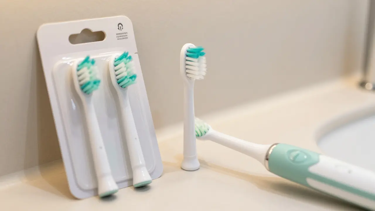 Nové náhradní hlavičky k elektrickému kartáčku vedle čisté rukojeti.