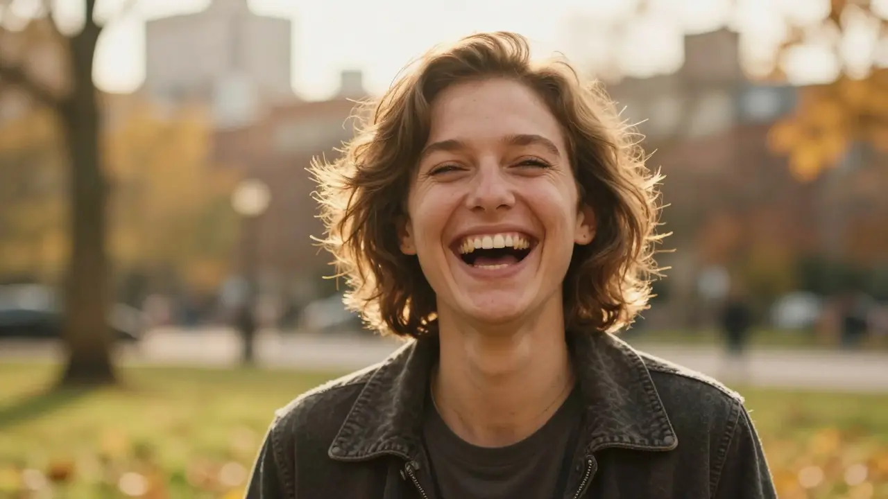 Portrét šťastně se smějící osoby vyzařující sebevědomí.