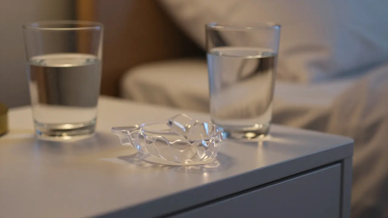 Průhledná ochranná dlaha proti skřípání zubů položená na nočním stolku.