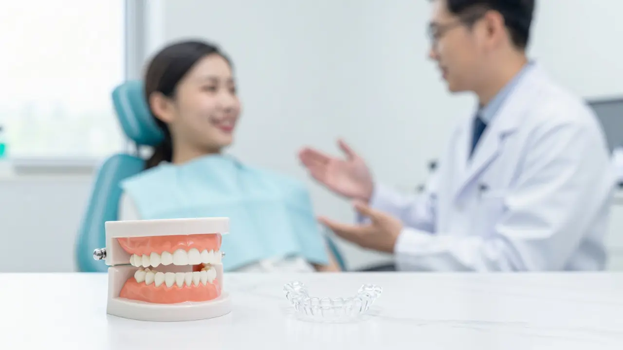 Průhledné alignery a model správného předkusu v moderní stomatologické ordinaci.