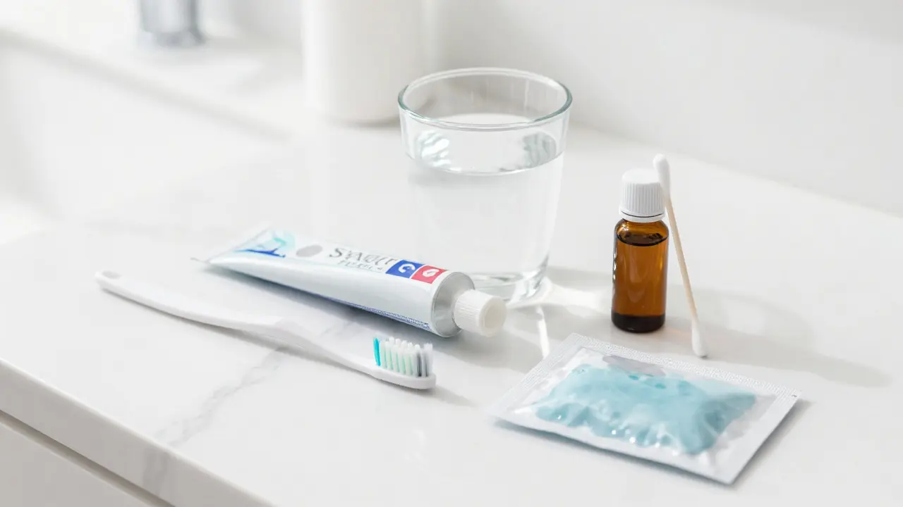 Sada pomůcek pro úlevu od bolesti zubů: studený obklad a mezizubní kartáček.