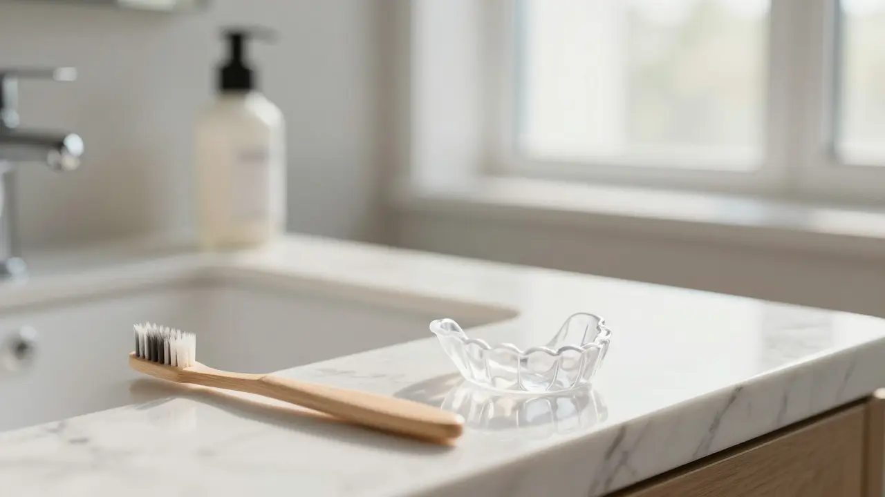 Sada pro péči o zuby včetně mezizubních hrabičků a noční šiny na mramorovém stole.