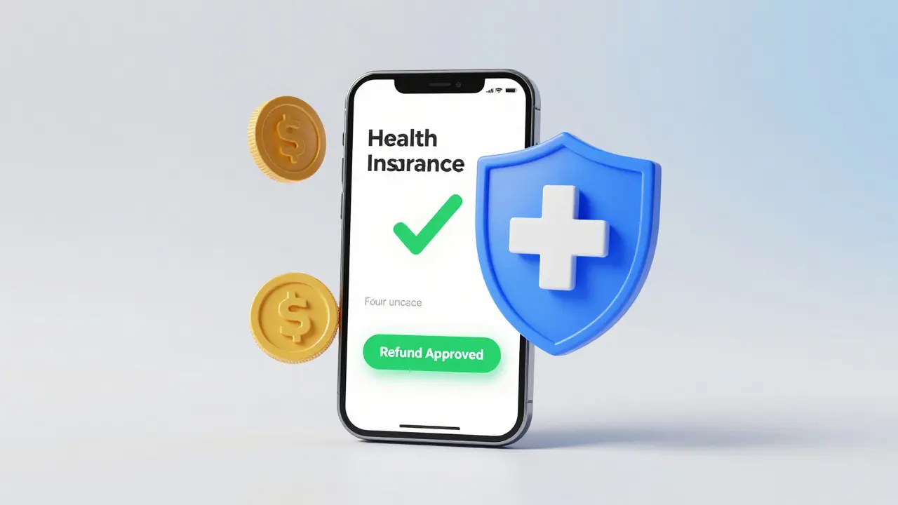 Smartphone s aplikací pojišťovny zobrazující schválenou refundaci peněz.