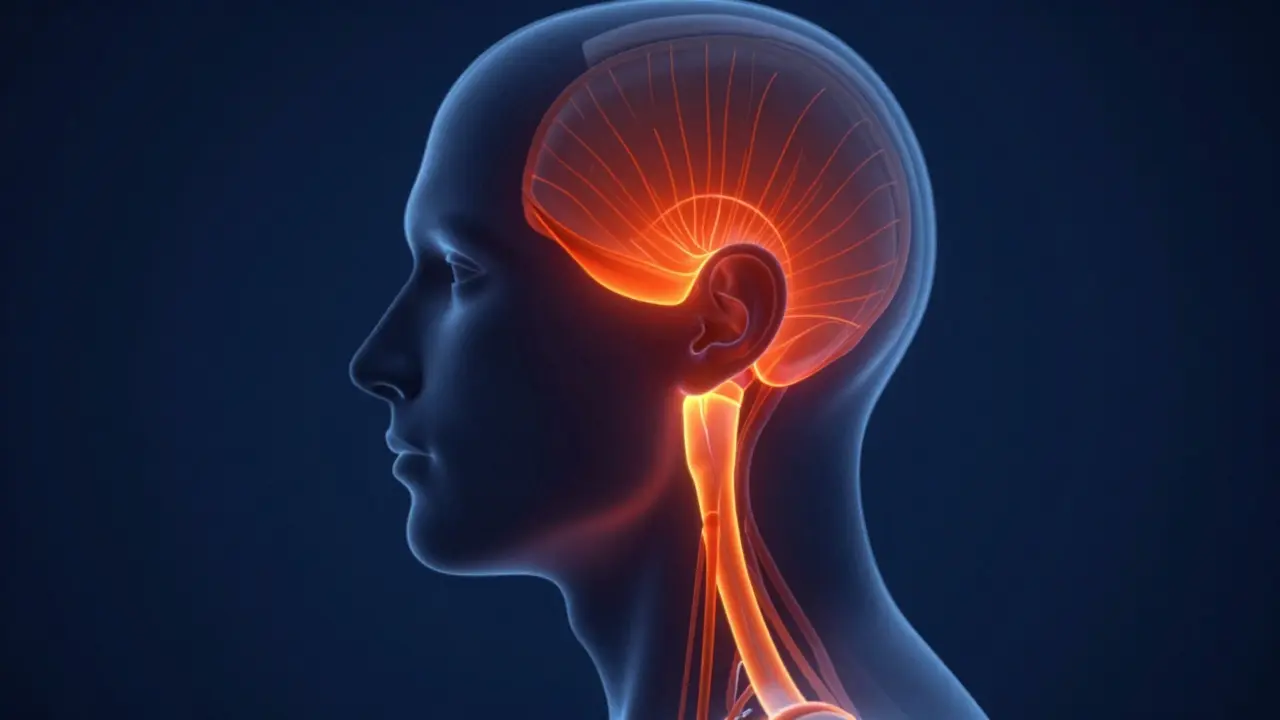 Snímek profilu hlavy s červeně zvýrazněným napětím v čelistním kloubu a krku.