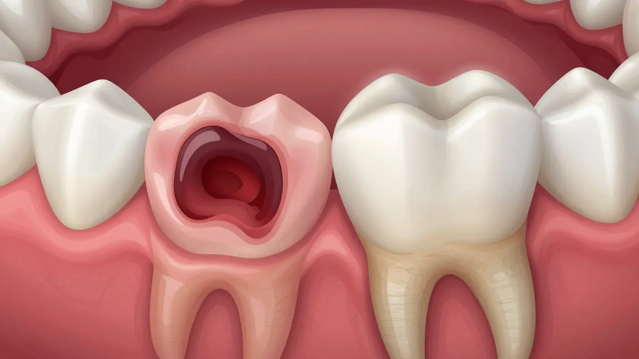 Srovnání zdravé krevní sraženiny a prázdné jamky při alveolitu.