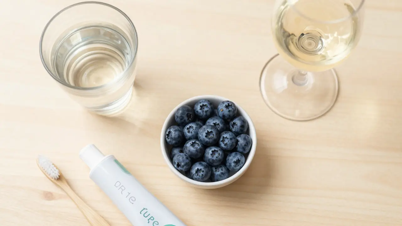 Zdravá strava a pomůcky pro udržení bělahosti zubů na dřevěném stole.