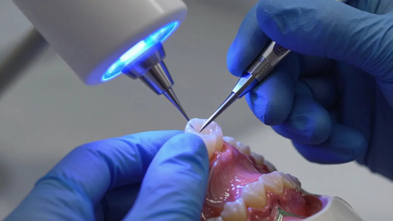 Zubní lékař precizně tvaruje kompozitní fasetu pomocí UV světla.