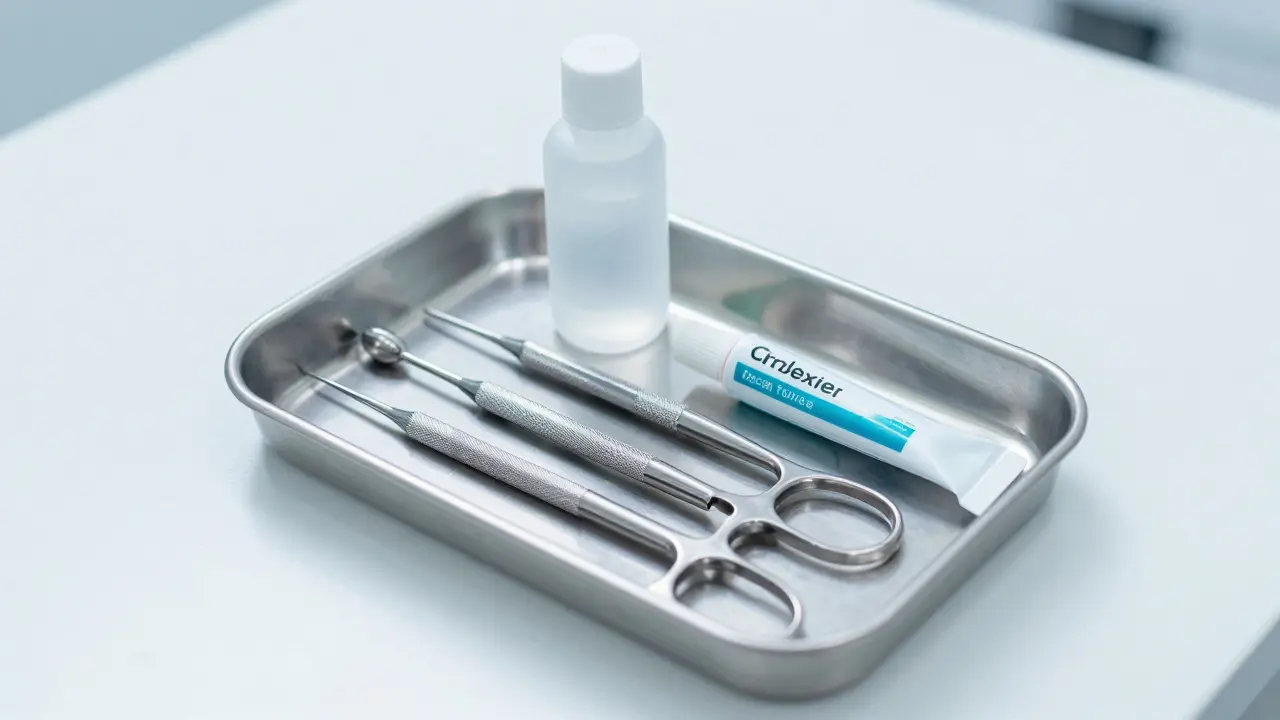 Zubní nástroje, antiseptikum a léčivá pasta na sterilním podnosu.