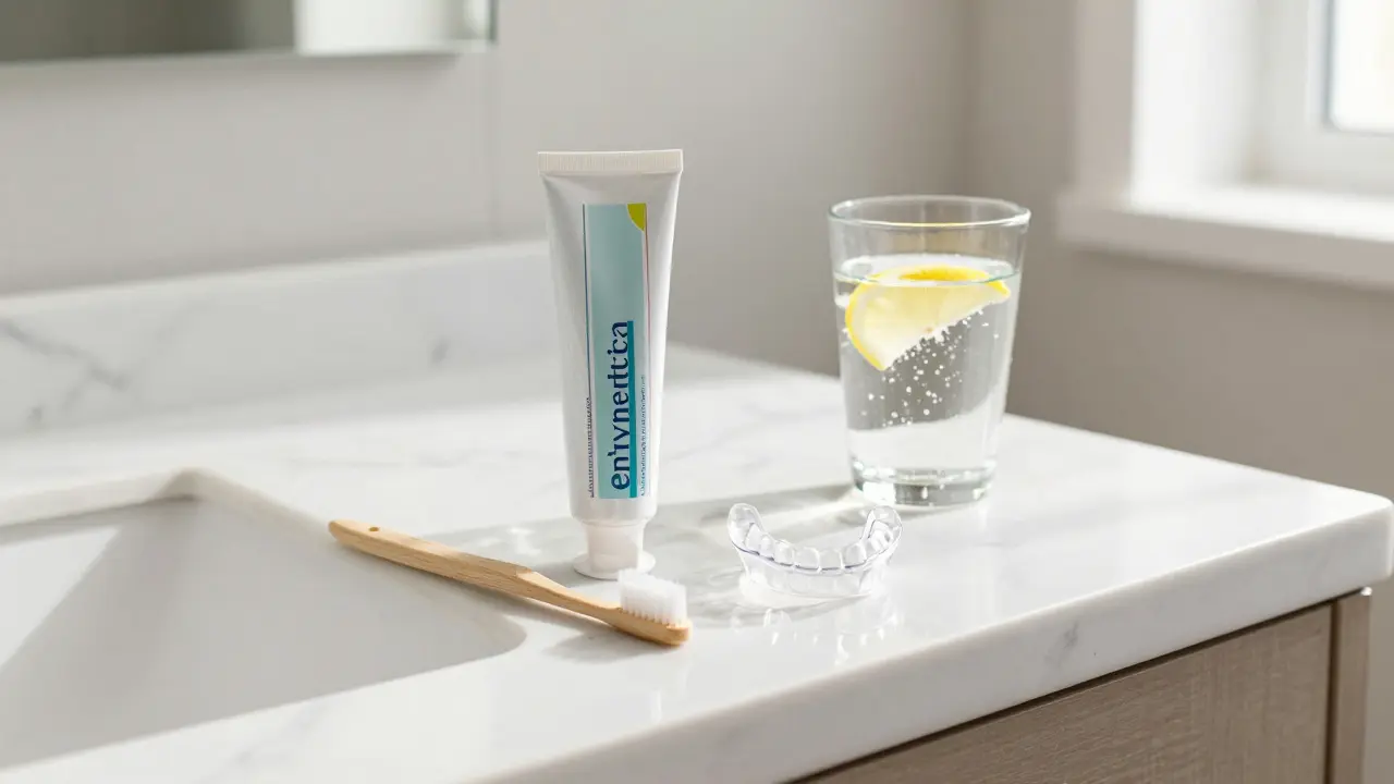 Zubní pasta a kousoutní šina na mramorové ploše v ranním světle.